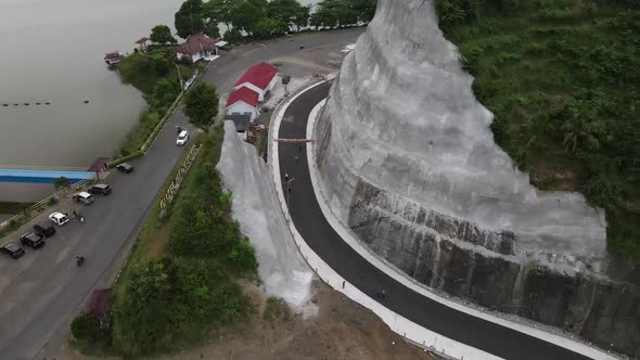 Aerial view of the Sermo reservoir in the late afternoon, the largest reservoir in Yogyakarta and th