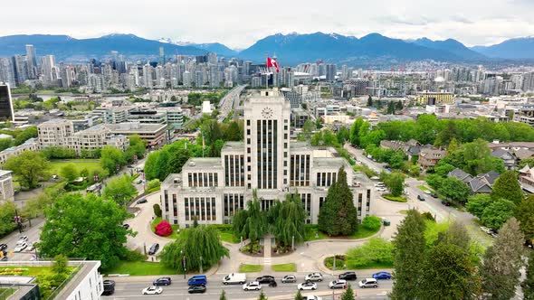 Aerial Panoramic View Of Vancouver City Hall In Vancouver, British Columbia, Canada. Drone Shot