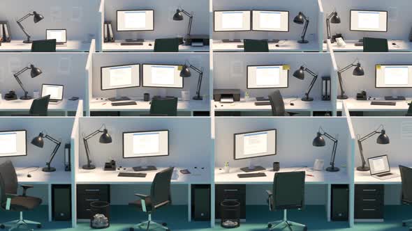 Modern office cubicles. Red error screen showing in the computer screens.