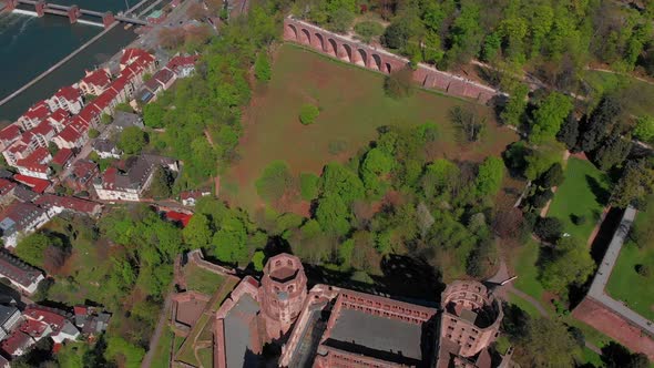 Beautiful top view of the Heidelberg castle and the old part of the city. Spring.