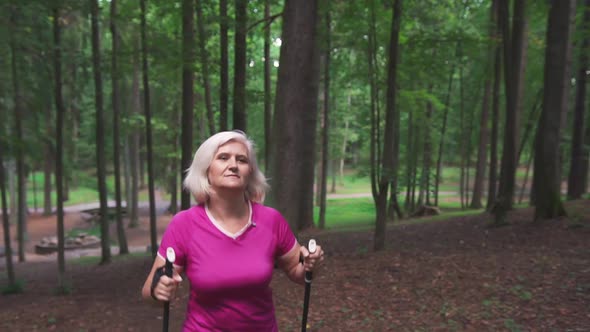 Mature caucasian woman enjoying time in forest, during a hike with Nordic walking sticks