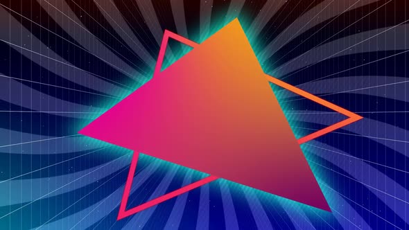 Orange and pink traingles on rotating purple striped background