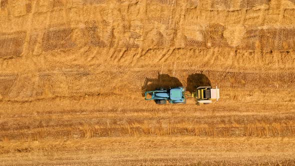 Top view of field with hay sheaves and tractor, Poland