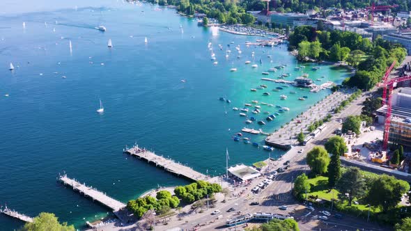 4k drone Aerial view of Zurich  city waterfront in Switzerland