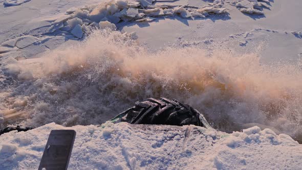 Icebreaker Ship Breaks Thru Frozen Ocean Water