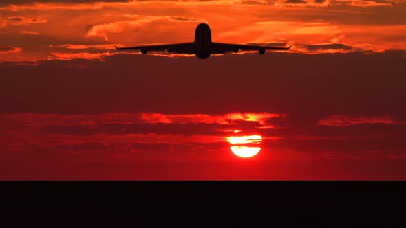 Silhouette of Large Passenger Airplane Taking off against Orange Sunset