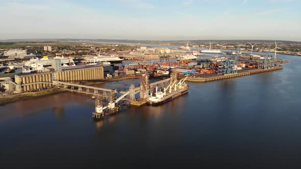 Aerial view of Tilbury Docks at sunset