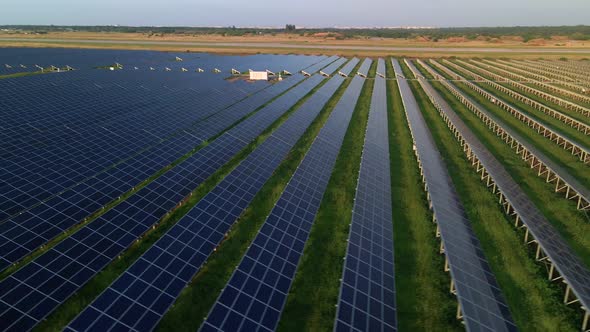 Aerial Drone View Into Large Solar Panels at a Solar Farm at Sunny Summer Evening