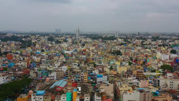 Camera flies over congested urban community in Bangalore India