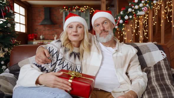 Happy Old Couple Presenting Gift on Christmas Video Call Webcam View