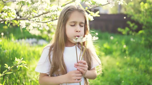 A Girl Looks at the Camera with Concentration and Holds a White Dandelion on a Background of Green