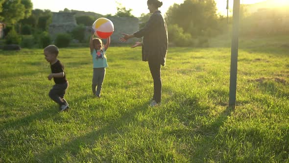 Summer Nature Happy Family Pregnancy Mother Day Pregnant Woman Mom with Two Toddler Children Playing