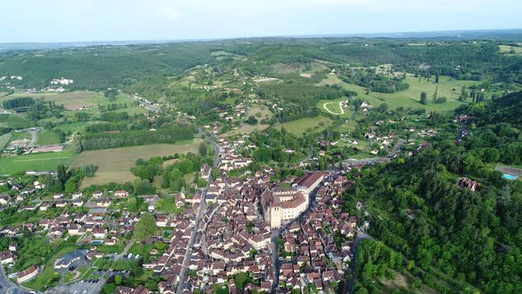 Village of Saint-Cyprien in Perigord in France seen from the sky