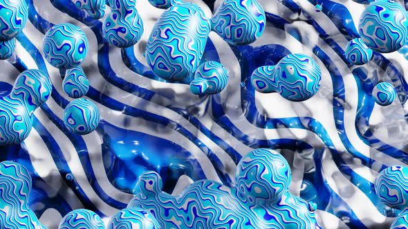 Spheres in Blue and White Colors Dancing on Abstract Background