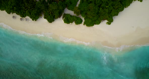 Tropical above island view of a white sand paradise beach and aqua blue water background in vibrant 