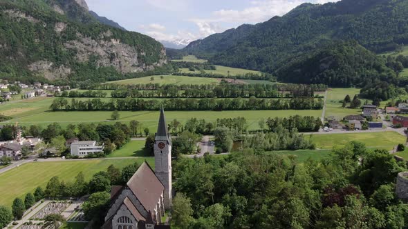 Aerial shot of Parish Church of St. Nikolaus in Balzers, Liechtenstein