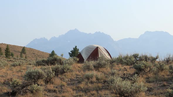 Camping tent in sagebrush - Sawtooth Mountains - Idaho - Summer