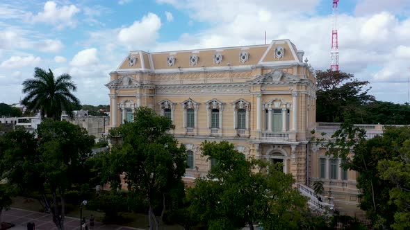 Aerial ascent showing the Palacio Canton museum mansion on the Paseo de Montejo in Merida, Yucatan,