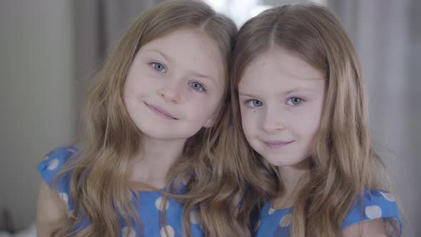 Portrait of Beautiful Little Twin Sisters Posing Indoors, Calm Children Looking at Camera and