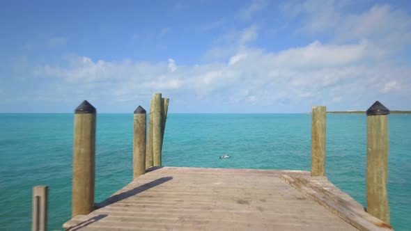 Aerial drone view of a dock pier on a tropical island beach and coast in the Bahamas, Caribbean. 