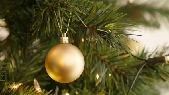 Decorative gold bauble hanged on the branch 4K 2160p 30fps UltraHD footage - Beautiful  golden matte