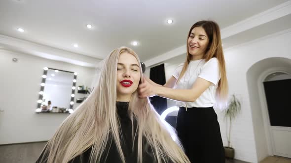 Drying Long Blonde Hair with Hair Dryer and Round Brush