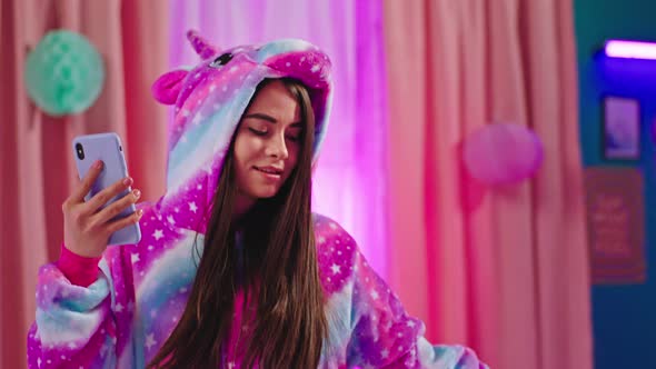 Brunette Lady in Funny Unicorn Pajama Have a Fun