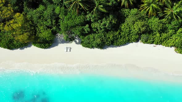 Aerial travel of relaxing coastline beach journey by aqua blue lagoon with white sand background of 