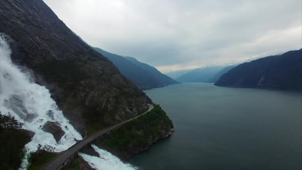Aerial footage of massive Langfossen waterfalls in Norway