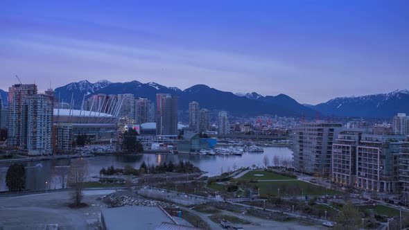 Vancouver, BC British Columbia, Canada Day to Night Timelapse, Downtown looking at Rogers Arena, Fal
