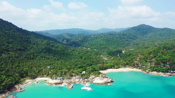 Aerial view panorama of marine coast beach voyage by blue lagoon and white sand background of journe