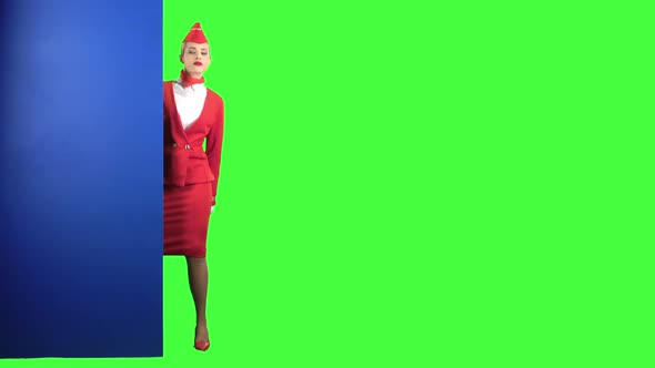 Girl Looks Out From Behind the Blue Board and Points at Her Hand . Green Screen