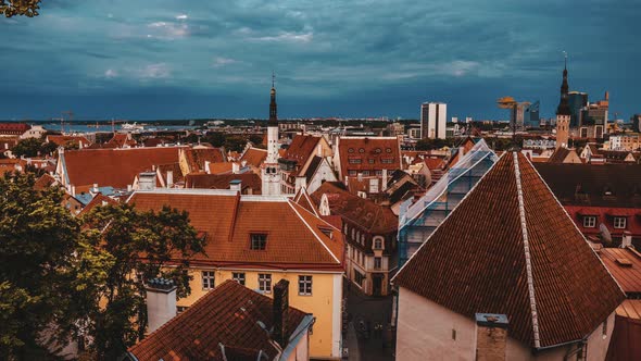 Time lapse view of the old town of Tallinn at night. Beautiful dusk light over the city in Estonia.