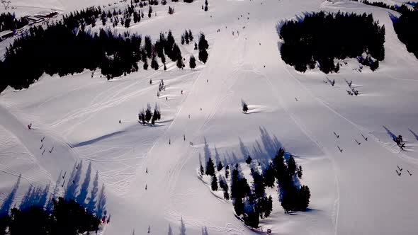 Aerial view of a ski slope in a ski resort in the Tyrolean Alps in Austria