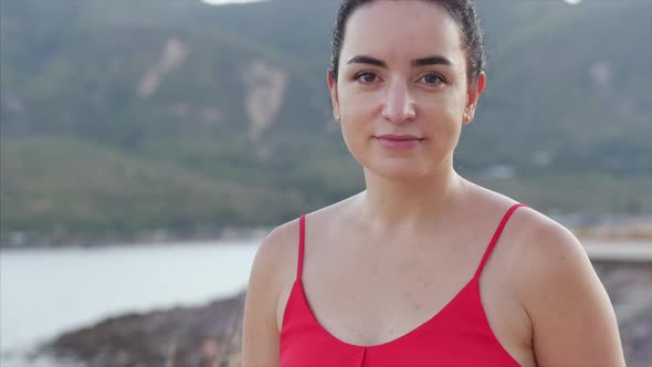 Portrait of a Mixed Race Student Young Woman the Background of the Nature of Beautiful Mountains and