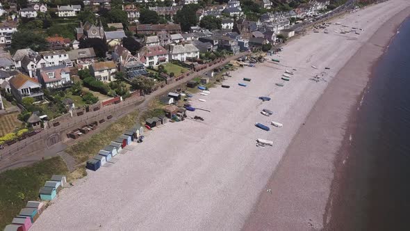 An aerial view of the beautiful pebble beaches of Budleigh Salterton, a small town on the Jurassic C