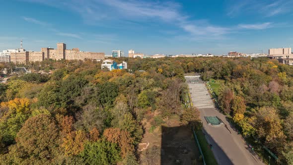 Aerial Panoramic View to a Staircase with Fountains in the Shevchenko Garden Timelapse