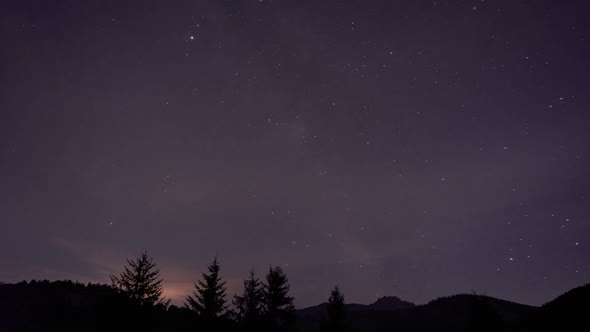 Starry Sky with Milky Way Colorful Clouds Silhouette of Forest Landscape