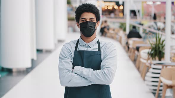 Portrait Small Business African American Cafe Worker Multiracial Man Restaurant Seller in Apron