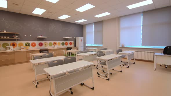 Empty Culinary Class with Desks and Different Appliance