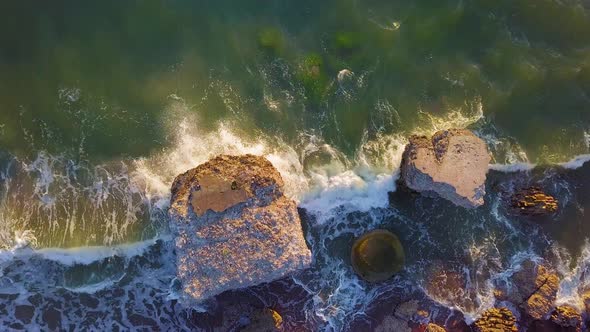 Aerial birdseye view of abandoned seaside fortification buildings at Karosta Northern Forts on the b