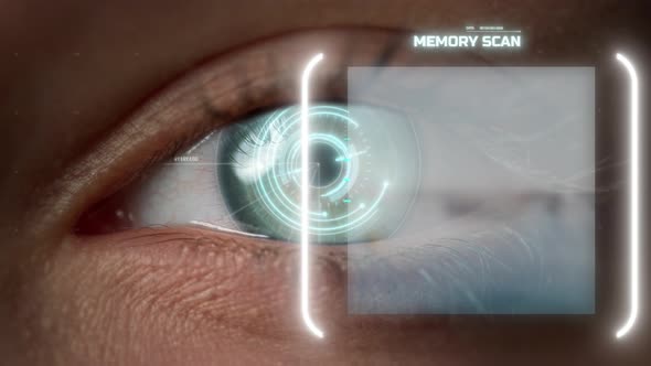 Closeup Technological Eye Memory Analysis Process with Biometrical Retina Scan