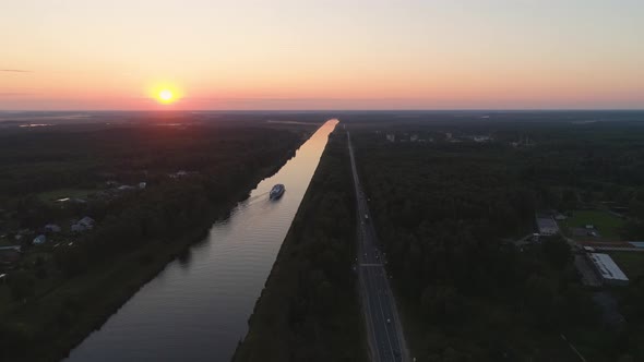 Cruise Ship on the River Aerial View