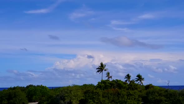 Aerial drone panorama of bay beach by clear sea and sand background