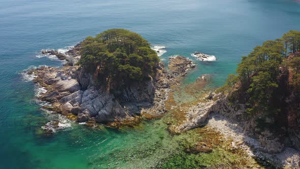 Rocky Island Washed By Waves Covered with Coniferous Trees in a Sea Bay