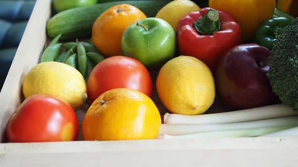 Close up of fruits and vegetables. Tracking shot with panning right. Full HD 1080p.