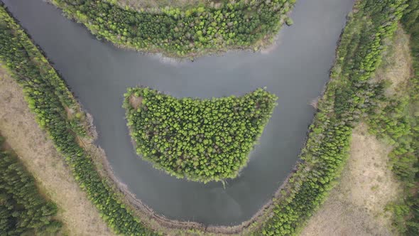 Top View of a River in a Forest in Eastern Europe