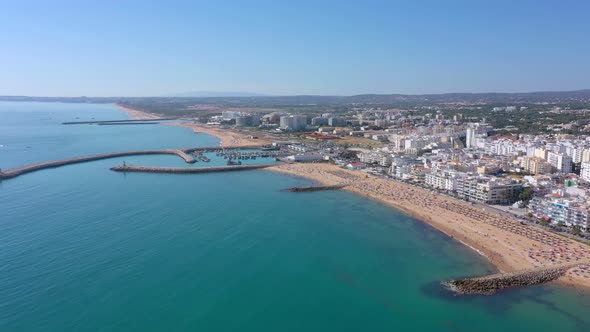 Drone Footage Shooting the Tourist Town of Quareira on the Shores of the Atlantic Ocean Beaches with