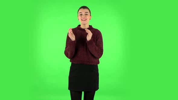 Girl Claps Her Hands with Wow Happy Joy and Delight, Green Screen