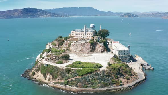 Close Up View on Historic Building of the Prison on Alcatraz Island  Aerial
